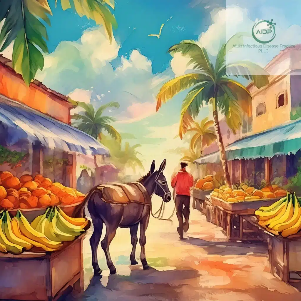Busy outdoor market abroad illustrating travel health risks