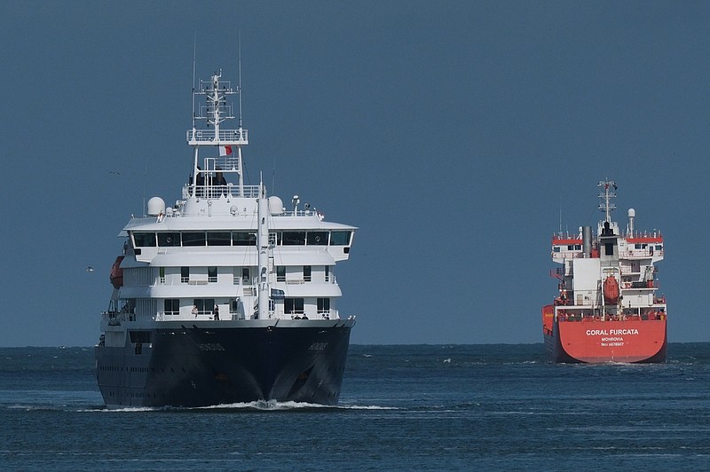 The MV Hondius cruise ship arrives at the Port of Rotterdam, Netherlands, Monday, May 18, 2026. (AP Photo/Patrick Post)