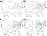 Geographic distribution of National Wastewater Surveillance System testing sites in the United States and territories, September 2020–December 2024. Each site is categorized by the number of viral targets tested during the specified period. Site coverage and viral target testing are shown for September 2020–December 2021 (A), 2022 (B), 2023 (C), and 2024 (D). US Census Regions are available from https://www.census.gov/geographies/mapping-files/time-series/geo/cartographic-boundary.html. 