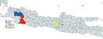 Bat collection sites for study of zoonotic Pteropine orthoreovirus in Rousettus amplexicaudatus fruit bats, Indonesia. Map shows Central Java (Surakarta city and Magelang Regency), the Special Region of Yogyakarta, and West Java (Bogor city and Cianjur Regency), key regions where fruit bats were obtained from animal markets and bat suppliers for virologic surveillance.