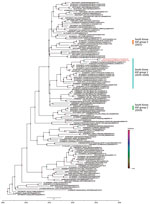 Time-scaled maximum clade credibility tree of the ASFV isolated from pigs inoculated with spray-dried porcine plasma in investigation of African swine fever virus in spray-dried porcine plasma used as feed ingredient, South Korea, 2026. Red indicates the ASFV isolate recovered from the inoculated pig and the reference virus from the Dangjin outbreak farm. The size and color of each node (circle) indicate the posterior probability supporting the corresponding monophyletic group. South Korea ASFV isolates were classified into 3 groups according to a previous study (9). GenBank accession numbers are shown. Scale bar indicates nucleotide substitutions per site. ASF, African swine fever; ASFV, ASF virus.